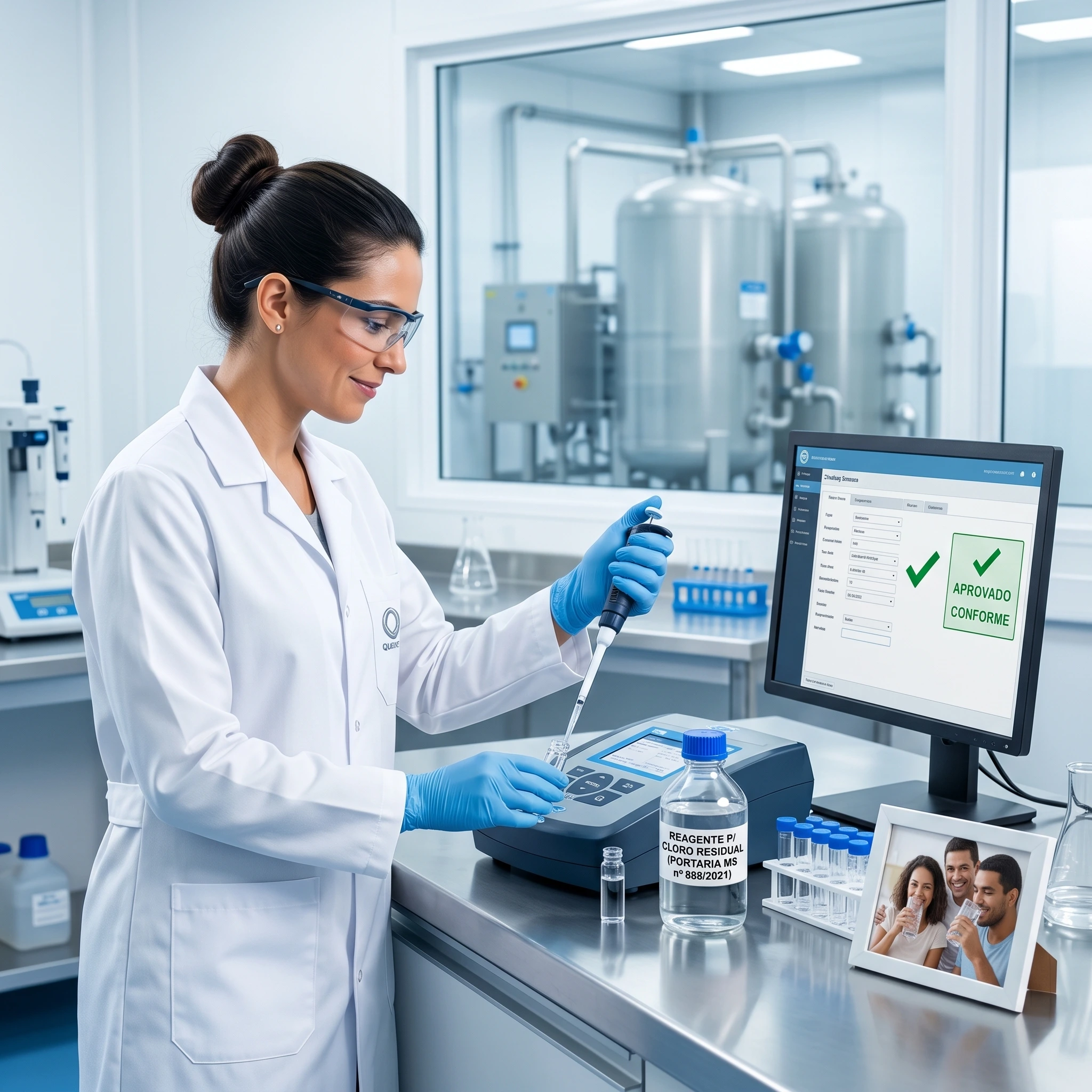Técnica de laboratório realizando análise de água potável com equipamento de medição