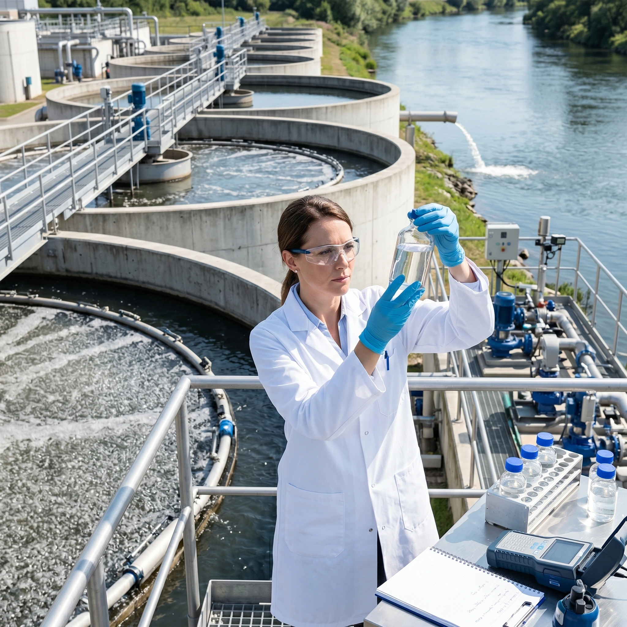 Cientista analisando amostra de água em estação de tratamento de efluentes