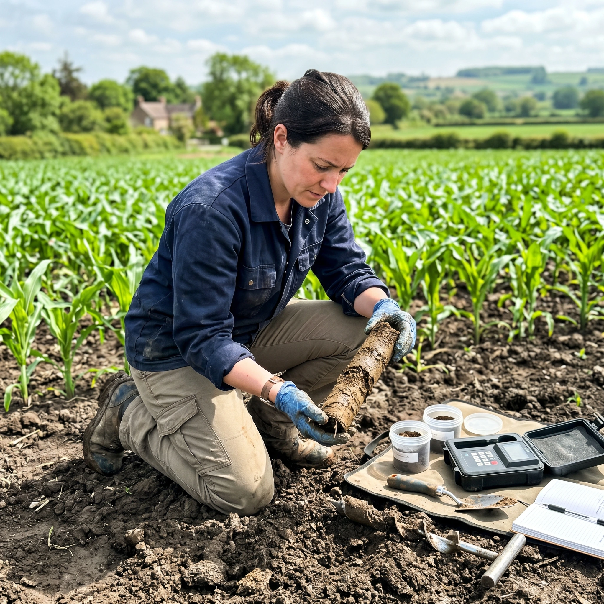 Técnica de campo coletando amostra de solo em área agrícola com ferramentas de análise