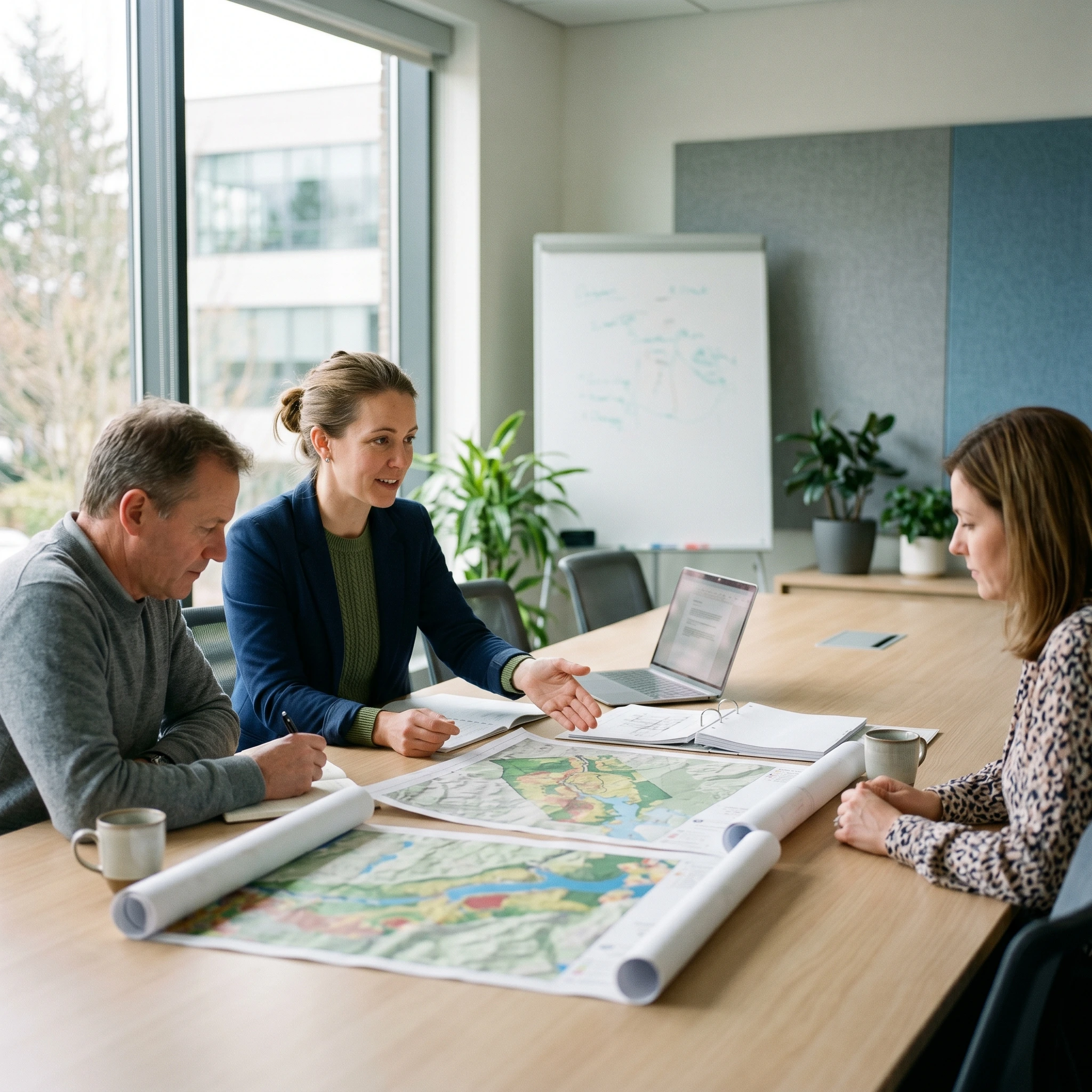 Equipe de consultores ambientais analisando mapas e dados em reunião técnica