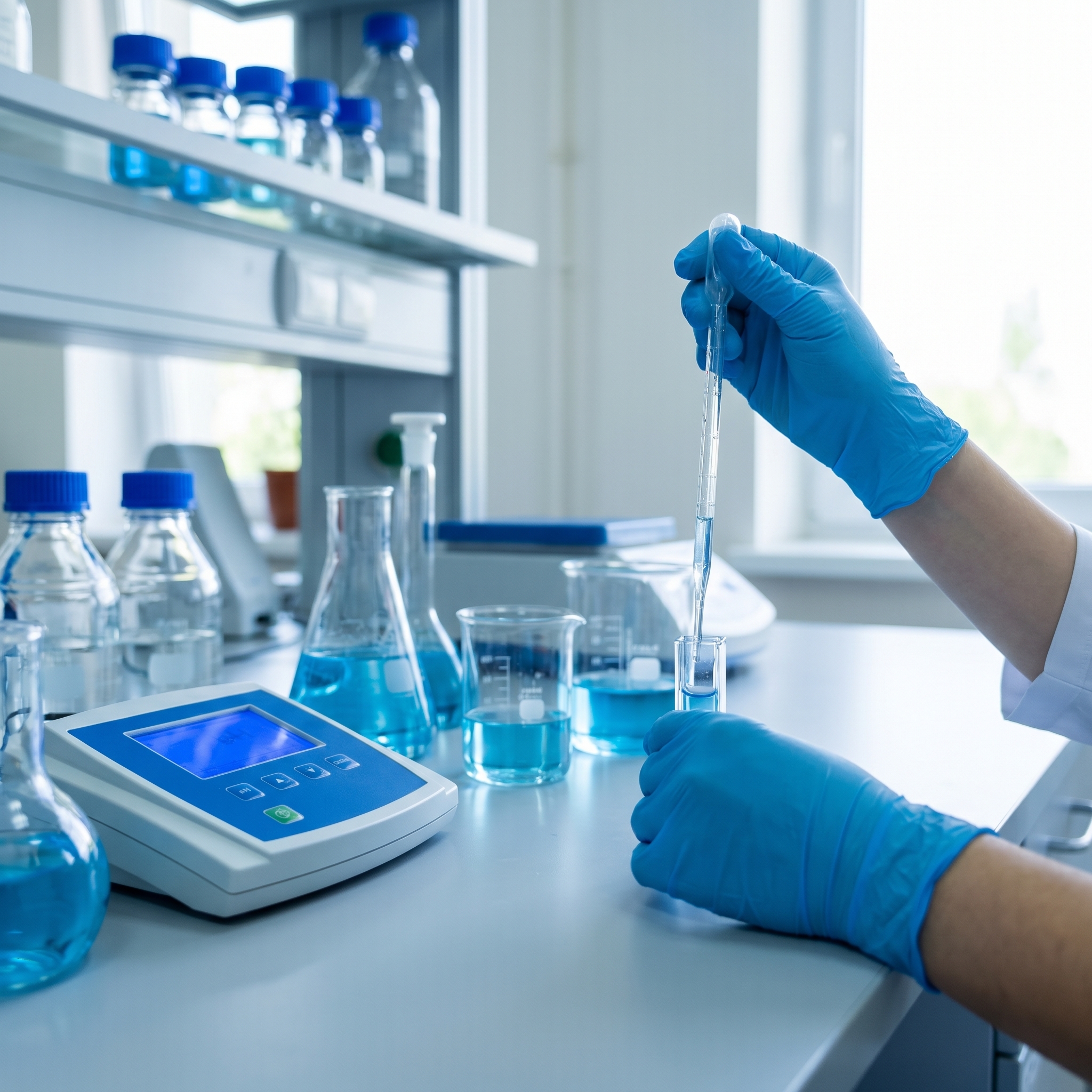 Técnico de laboratório realizando análise de água com equipamentos de precisão